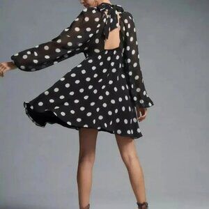 Anthropologie Maeve Long-Sleeve Sheer Mini Polka Dot Dress NWOT Size XS